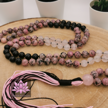 ~ Seelenschützer-Mala ~ (mit Rhodonit, Achat, Bergkristall & Rosenquarz-Guru)